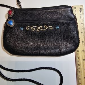 VTG 90s Brighton One World Crossbody Black Leather Plaid Lining Enamel Charms